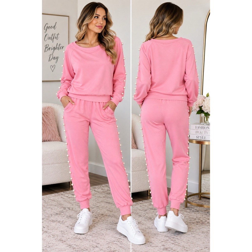 WHY DRESS Women’s Pink 2-Piece Knit Set Pearl Sweatshirt & Jogger Pants L - Picture 2 of 15